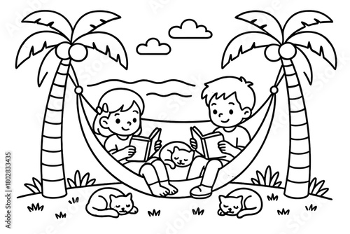 Tropical Reading Retreat. Peaceful hammock between two palm trees with children reading books, cats sleeping, and waves in the