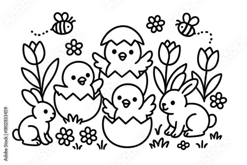 Springtime Chicks Coloring. Cheerful chicks hatching from eggs surrounded by tulips, rabbits, and buzzing bees, black and white