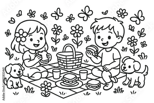 Spring Picnic Coloring. Whimsical spring picnic with children, puppies, sandwiches, flowers, and butterflies, black and white line
