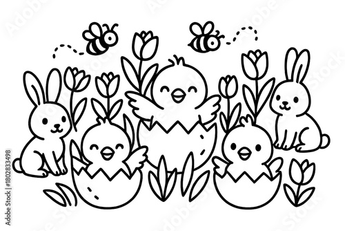 Springtime Chicks Coloring. Cheerful chicks hatching from eggs surrounded by tulips, rabbits, and buzzing bees, black and white