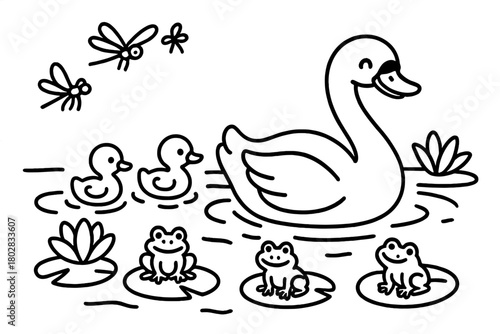 Swan and Cygnets. Happy swan gliding on a pond with cygnets following, frogs, dragonflies, and lily pads nearby, black and white