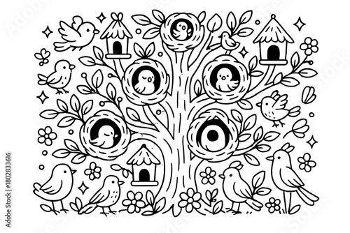 Enchanted Bird Village. Enchanted bird village with many nests in a big tree, birds of different kinds, flowers, and sparkles all