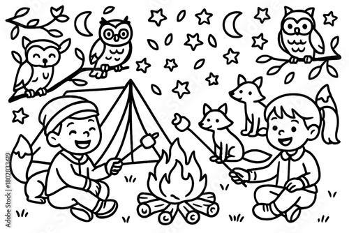 Campfire and Wildlife. Cheerful campers roasting marshmallows at a campfire with owls, foxes, and stars above, black and white