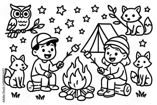Campfire and Wildlife. Cheerful campers roasting marshmallows at a campfire with owls, foxes, and stars above, black and white