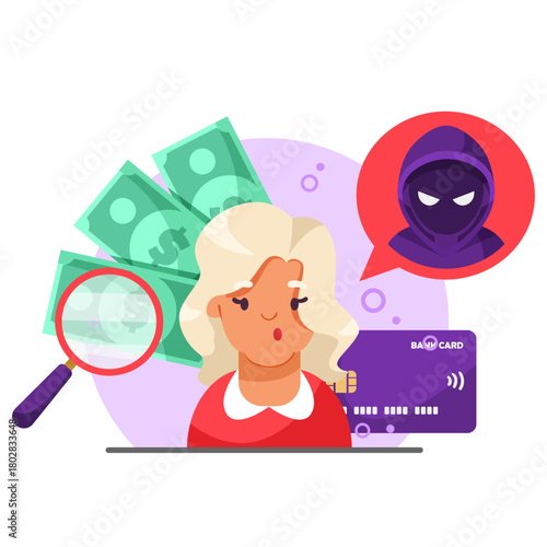 Woman with magnifier, dollar bills, credit card, and hacker icon on purple background. Concept of online fraud detection. Vector illustration