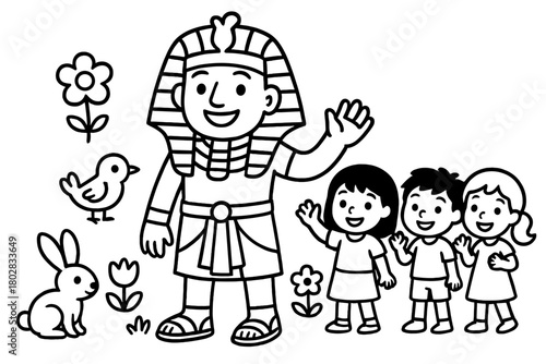 Pharaoh Greeting Scene. Cheerful pharaoh with a crown waving to animals, flowers, and children nearby, black and white line art,