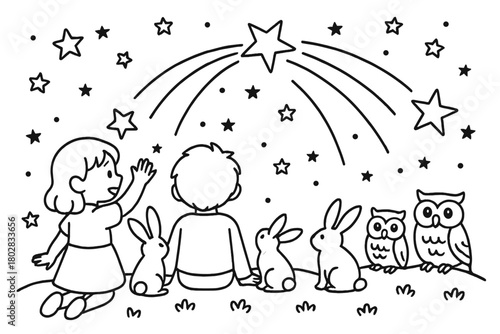 Whimsical Night Sky. Whimsical shooting stars crossing the night sky with children watching, rabbits, and owls, black and white