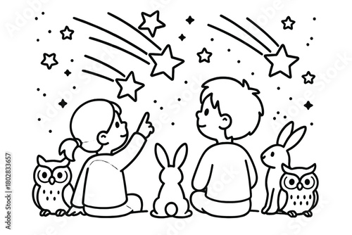Whimsical Night Sky. Whimsical shooting stars crossing the night sky with children watching, rabbits, and owls, black and white