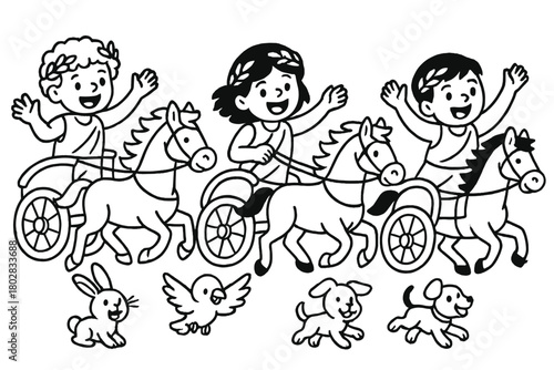 Greek Chariot Race. Happy Greek children racing chariots with horses, laurel wreaths, and cheering animals, black and white line