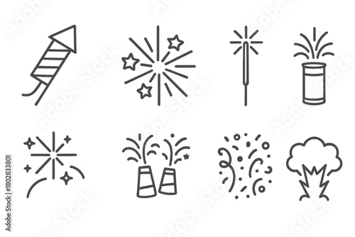 Fireworks Icon Set. Line style icons of Fireworks Display: Firework Rocket, Star Burst, Sparkler, Launch Tube, Night Sky,