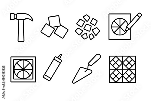 Mosaic Art Tools. Line style icons of Mosaic Art: Hammer, Tile, Smalti, Design Sketch, Mosaic Panel, Grout, Trowel, Pattern, No