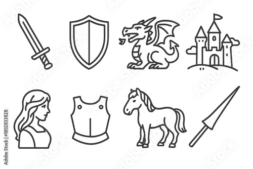 Knight's Quest Icons. Line style icons of Knight's Quest: Sword, Shield, Dragon, Distant Castle, Fair Maiden, Armor Chest, Horse,