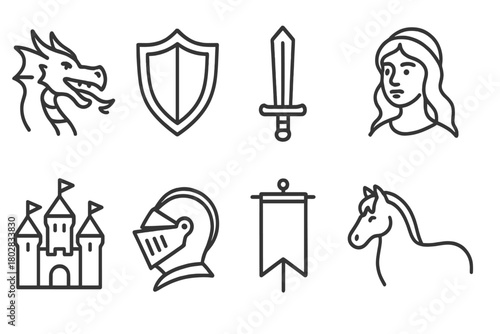 Knight's Quest Icons. Line style icons of Knight's Quest: Dragon, Shield, Sword, Fair Maiden, Distant Castle, Helmet, Banner,
