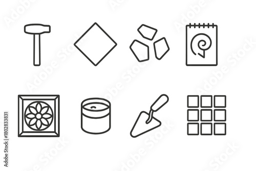 Mosaic Art Tools. Line style icons of Mosaic Art: Hammer, Tile, Smalti, Design Sketch, Mosaic Panel, Grout, Trowel, Pattern, No