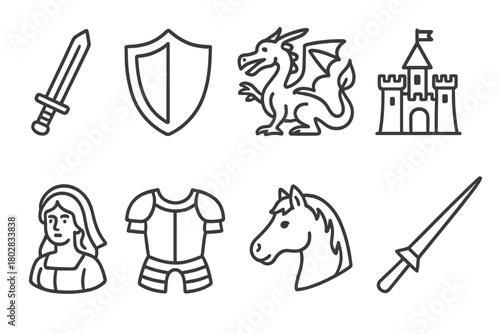 Knight's Quest Icons. Line style icons of Knight's Quest: Sword, Shield, Dragon, Distant Castle, Fair Maiden, Armor Chest, Horse,