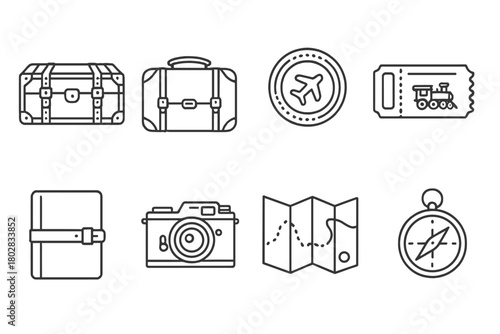 Vintage Travel Icons. Line style icons of Vintage Travel: Steamer Trunk, Leather Suitcase, Passport Stamp, Train Ticket, Travel