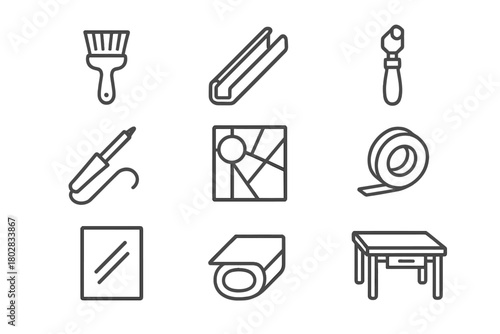 Stained Glass Workshop Tools. Line style icons of Stained Glass Workshop: Flux Brush, Lead Channel, Glass Cutter, Soldering Iron,