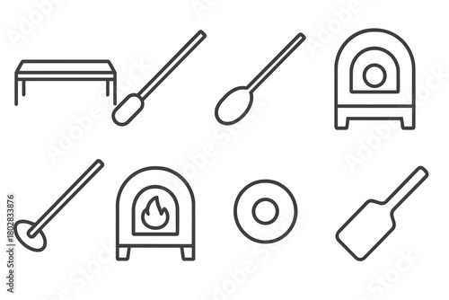 Glassblowing Line Icons. Line style icons of Glassblowing: Marver, Blowpipe, Molten Glass, Annealing Oven, Pontil, Furnace, Glass