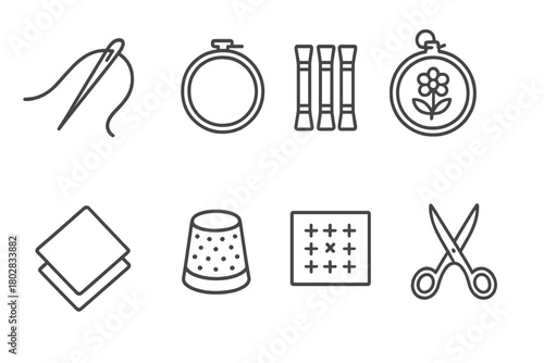 Embroidery Tool Icons. Line style icons of Embroidery: Needle, Hoop, Floss, Sampler, Fabric, Thimble, Pattern, Embroidery Scissors