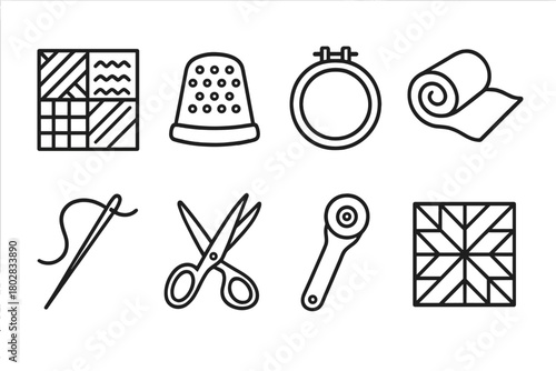 Quilting Tools Icons. Line style icons of Quilting: Patchwork, Thimble, Quilting Hoop, Batting, Sewing Needle, Fabric Scissors,