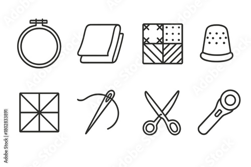 Quilting Tools Icons. Line style icons of Quilting: Quilting Hoop, Batting, Patchwork, Thimble, Quilt Pattern, Sewing Needle,