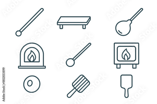 Glassblowing Icon Set. Line style icons of Glassblowing: Blowpipe, Marver, Molten Glass, Annealing Oven, Pontil, Furnace, Glass