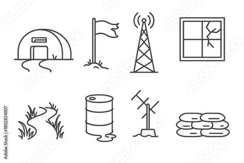 Forgotten Outpost Icons. Line style icons of Forgotten Outpost: Old Bunker, Windswept Flag, Radio Tower, Cracked Window, Overgrown