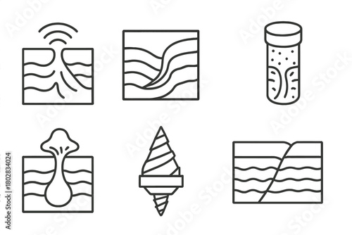 Deep Earth Icons. Line style icons of Deep Earth: Seismic Wave, Mineral Vein, Core Sample, Mantle Plume, Magma Chamber, Drill Bit,