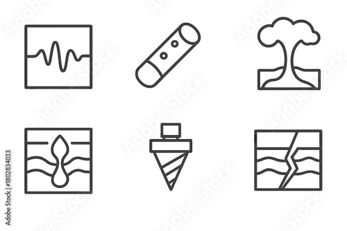 Deep Earth Icons. Line style icons of Deep Earth: Seismic Wave, Mineral Vein, Core Sample, Mantle Plume, Magma Chamber, Drill Bit,