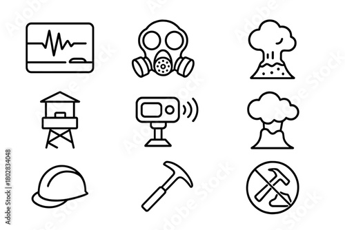 Volcanic Monitoring Icons. Line style icons of Volcanic Monitoring: Seismograph, Gas Mask, Lava Sample, Observation Post, Thermal
