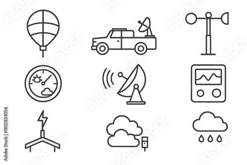 Weather Research Icons. Line style icons of Weather Research: Weather Balloon, Storm Chaser, Anemometer, Radar Dish, Barometer,