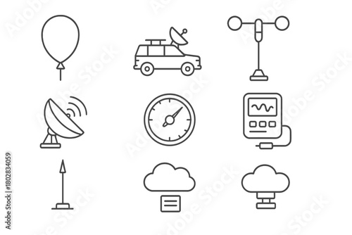 Weather Research Icons. Line style icons of Weather Research: Weather Balloon, Storm Chaser, Anemometer, Radar Dish, Barometer,