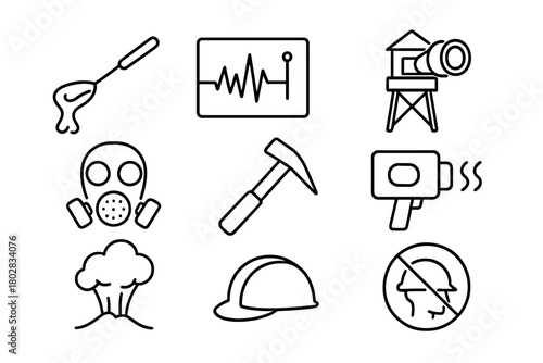 Volcanic Monitoring Icons. Line style icons of Volcanic Monitoring: Lava Sample, Seismograph, Observation Post, Gas Mask, Rock