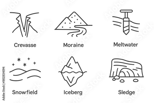 Glacier Line Icons. Line style icons of Glacier: Crevasse, Moraine, Meltwater, Ice Core Drill, Snowfield, Iceberg, Glacier Cave,