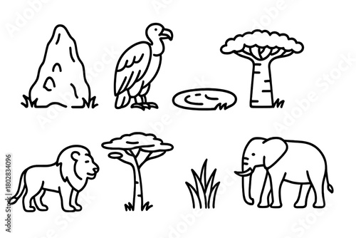 Savanna Line Icons. Line style icons of Savanna: Termite Mound, Vulture, Baobab Tree, Watering Hole, Lion, Acacia Tree, Grass Tuft