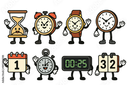A playful collection of various timekeeping devices depicted as cartoon characters, each with a unique expression and waving gesture.