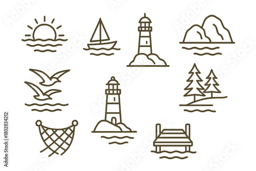 Sunset Fjord Icons. Line style icons of Sunset Fjord: Golden Water, Silhouette Boat, Rocky Shore, Seagulls, Lighthouse, Pine Trees