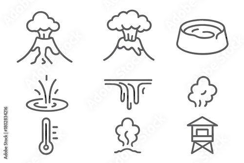 Volcanic Geyser Icons. Line style icons of Volcanic Geyser: Lava Flow, Ash Cloud, Crater, Hot Water, Mineral Streaks, Smoke,