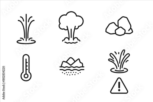 Explosive Geyser Icons. Line style icons of Explosive Geyser: Water Jet, Steam Cloud, Rocks, Mineral Deposit, Shockwave, Eruption