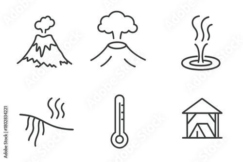 Volcanic Geyser Icons. Line style icons of Volcanic Geyser: Lava Flow, Ash Cloud, Crater, Hot Water, Mineral Streaks, Smoke,