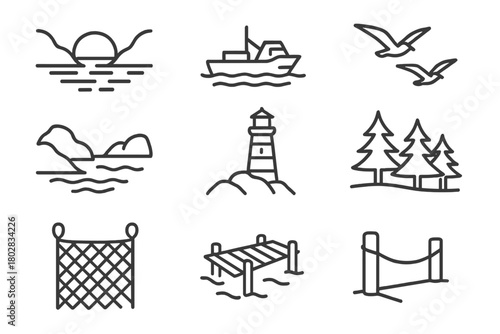 Sunset Fjord Icons. Line style icons of Sunset Fjord: Golden Water, Silhouette Boat, Rocky Shore, Seagulls, Lighthouse, Pine Trees