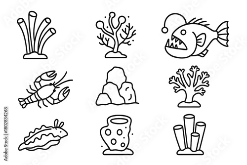 Deep Sea Icons. Line style icons of Deep Sea Reef: Tube Worm, Bioluminescent Coral, Anglerfish, Crustacean, Rock Formation, Soft