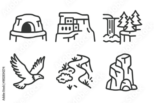 Hidden Plateau Icons. Line style icons of Hidden Plateau: Secret Cave, Cliff Dwelling, Waterfall, Pine Cluster, Eagle, Moss,