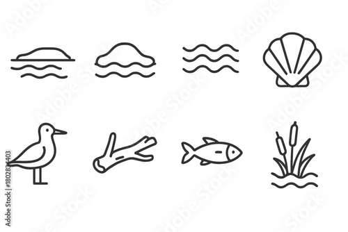 Hidden Sandbar Icons. Line style icons of Hidden Sandbar: Secret Patch, Exposed Land, Tide, Shell, Seabird, Driftwood, Small Fish,