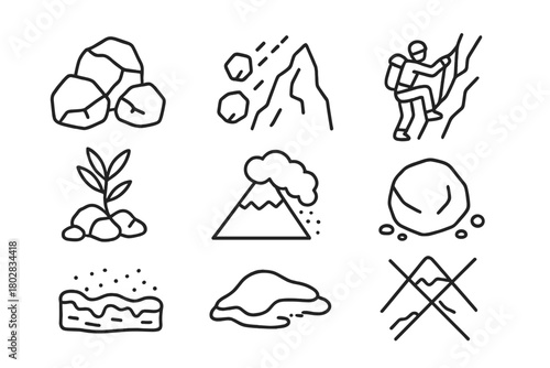 Sunset Scree Icons. Line style icons of Sunset Scree: Golden Rocks, Loose Rock, Mountain Climber, Hardy Plant, Avalanche Risk,