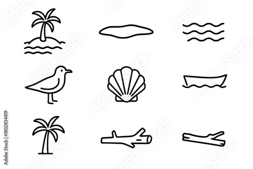 Sandbar Line Icons. Line style icons of Island Sandbar: Tiny Island, Exposed Land, Tide, Seabird, Shell, Small Boat, Palm Tree,