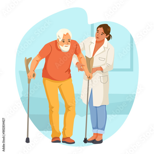 Elderly man walking with crutches aided by a female doctor, flat graphic style, indoor clinical background. Concept of rehabilitation help. Vector illustration