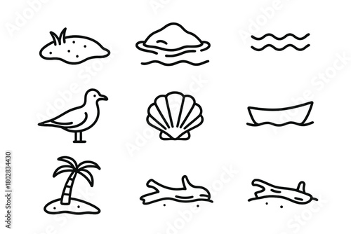 Sandbar Line Icons. Line style icons of Island Sandbar: Tiny Island, Exposed Land, Tide, Seabird, Shell, Small Boat, Palm Tree,