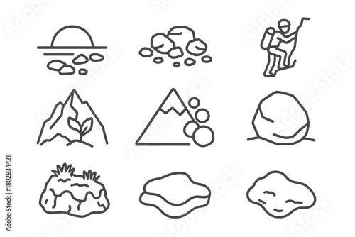 Sunset Scree Icons. Line style icons of Sunset Scree: Golden Rocks, Loose Rock, Mountain Climber, Hardy Plant, Avalanche Risk,