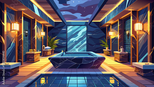 ultra-high-resolution photorealistic night interior of a luxurious marble bathroom, featuring deep black stone walls with bold veining, ambient warm lighting, and a serene spa atmosphere